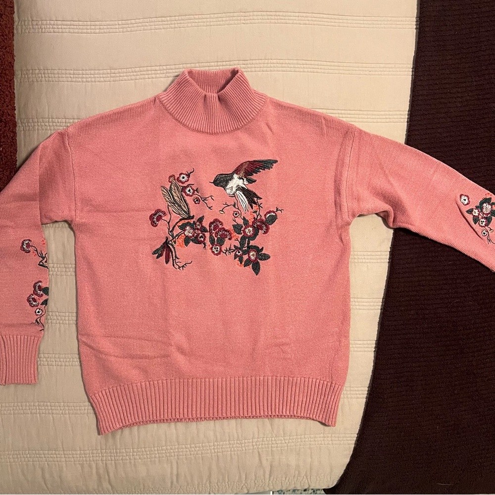 Lipslide Pink Embroidered Hummingbird Turtleneck Sweater